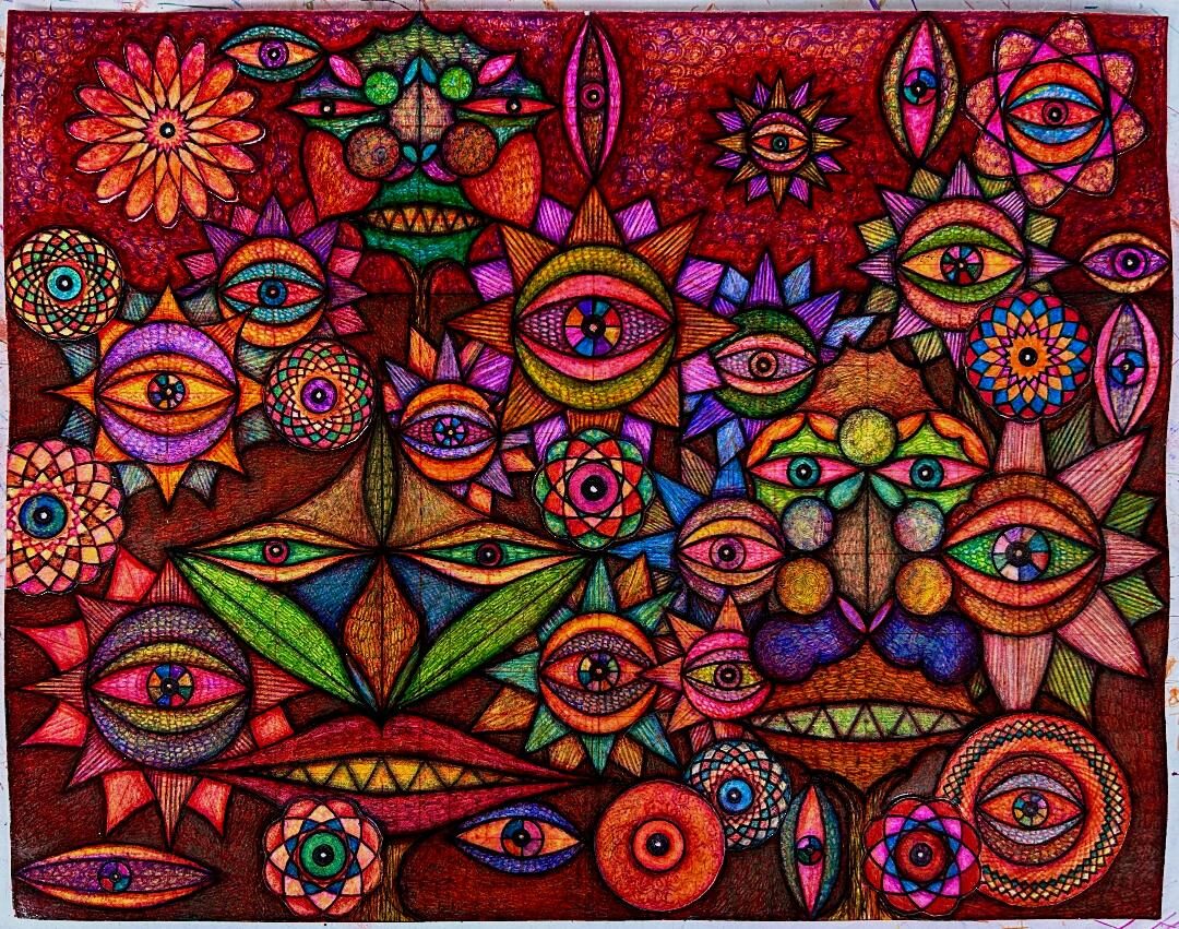 Dion Hitchings “Garden Vision” crayons, magic markers, colored pens and collage, 11”H x 14”W $300.00