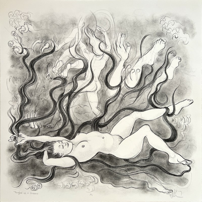 Tracy Coon “Tangled Up In Dreams” stone lithograph print on paper, 14.5” x 14.5”   $750.00