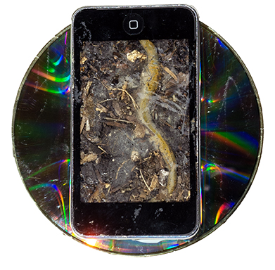 Brian McCormack   “Worm Food”, found object (iPod touch), dirt, epoxy, moldable epoxy, 8” x 8” x 2”, 2023, NFS