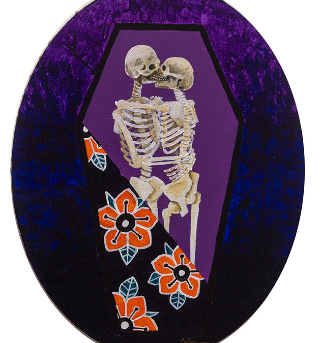 Samantha Brown ” ’til death “ medium: acrylic on stretched canvas 11” W x 14” H [oval],  2023, SOLD