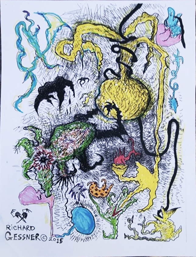 Richard Gessner Image List Title: “Garlic Weevil Tongue Lasso” print from color sharpie, pilot pen 4: am drawing, 11”W x 14”H, $75.00