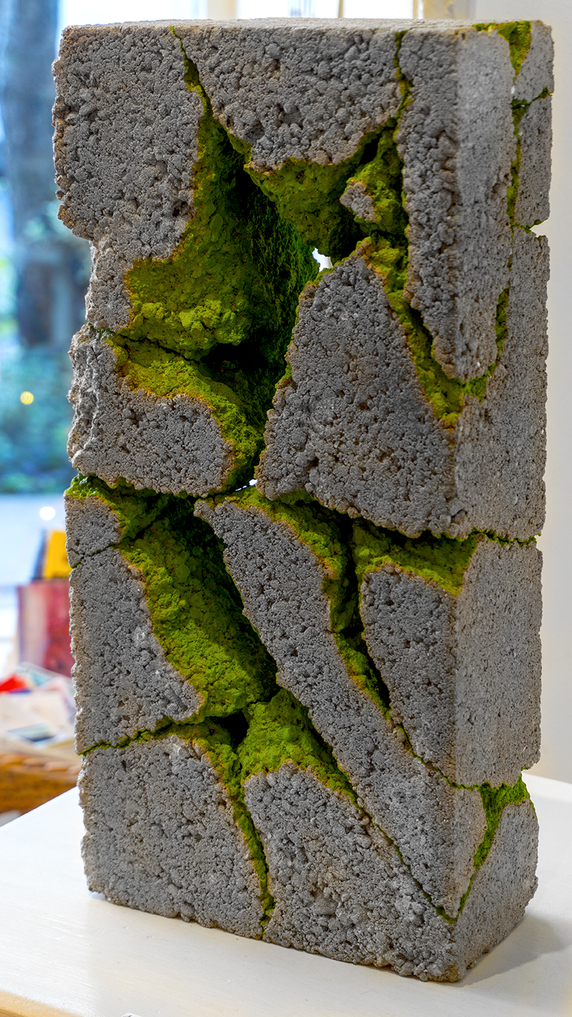 Josh Urso  “Foundation – Green”, shattered and reassembled concrete block with acrylic paint, 3″D x 8″ W x 16″H 2022, $925.00