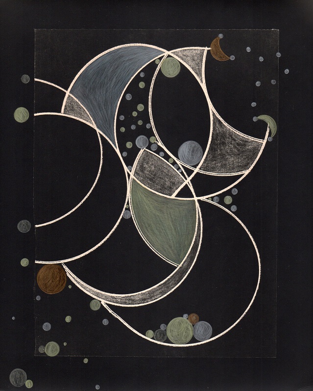 Patricia A. Bender “Cosmology 1” unique oxidized gelatin silver cliche-verre print with colored pencil, 10”H  X8”W  unframed, 2018/2023, $2200.00