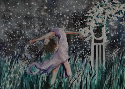 Virginia Carroll “Starlit Ballet” watercolor 16” W x 12” H, 2023, SOLD