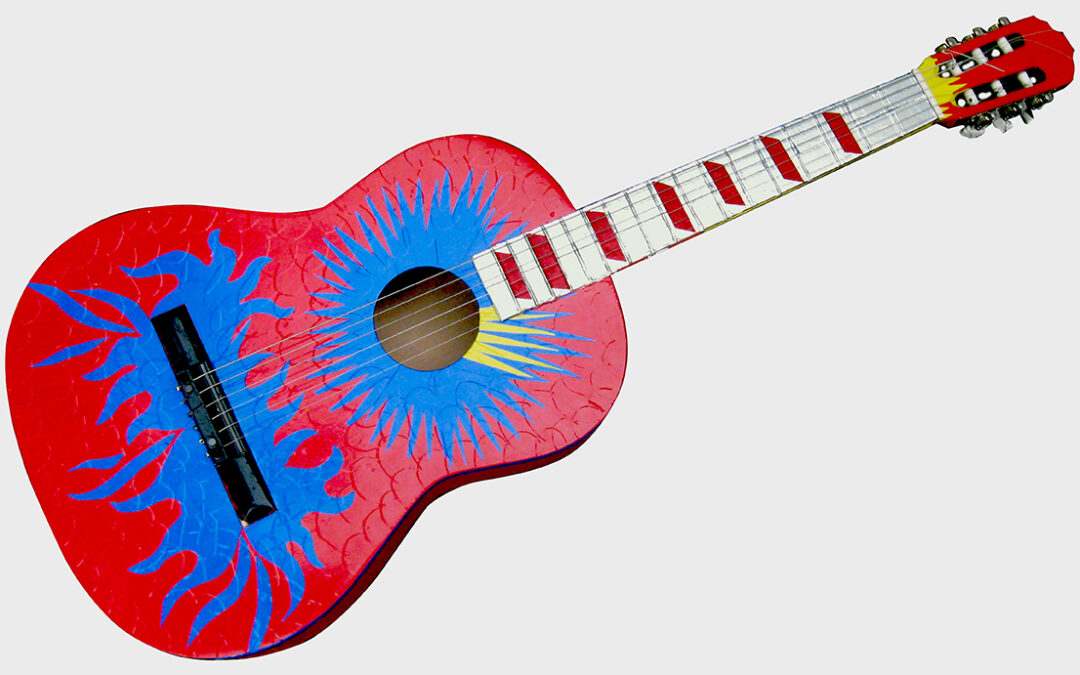 Big Blue Splash – found nylon string guitar, applied reflective vinyl, metal foil tape – $300.00
