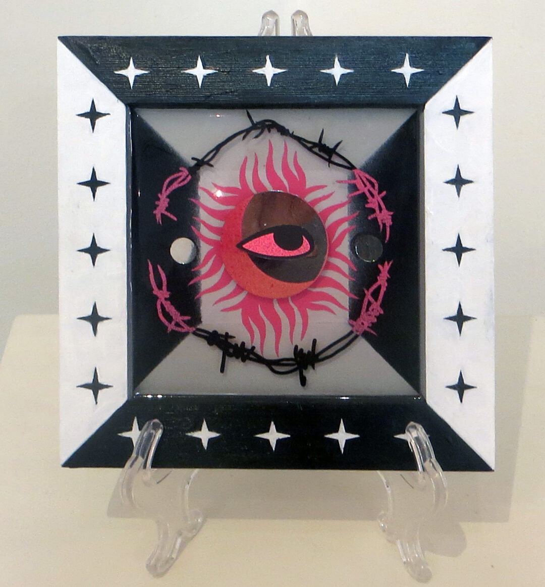 Erin Kuhn “Break Every Chain” mixed media, resin, mirrors, hand painted and cut paper on wood,  8” x 8” x 1”- $350.00