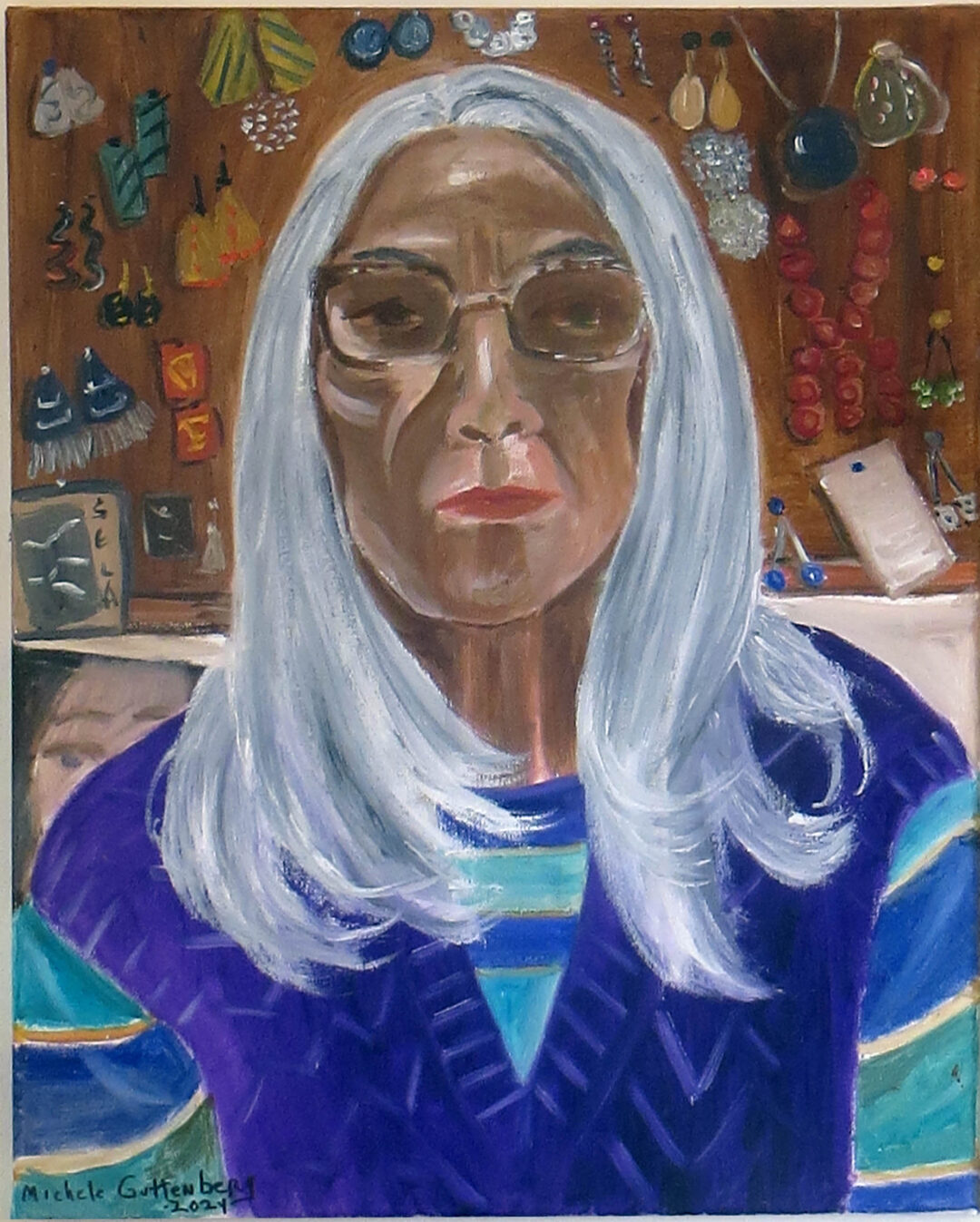 Michele Guttenberg “Self Portrait” oil on canvas, 16” W x 20” H, 2024 $150.00