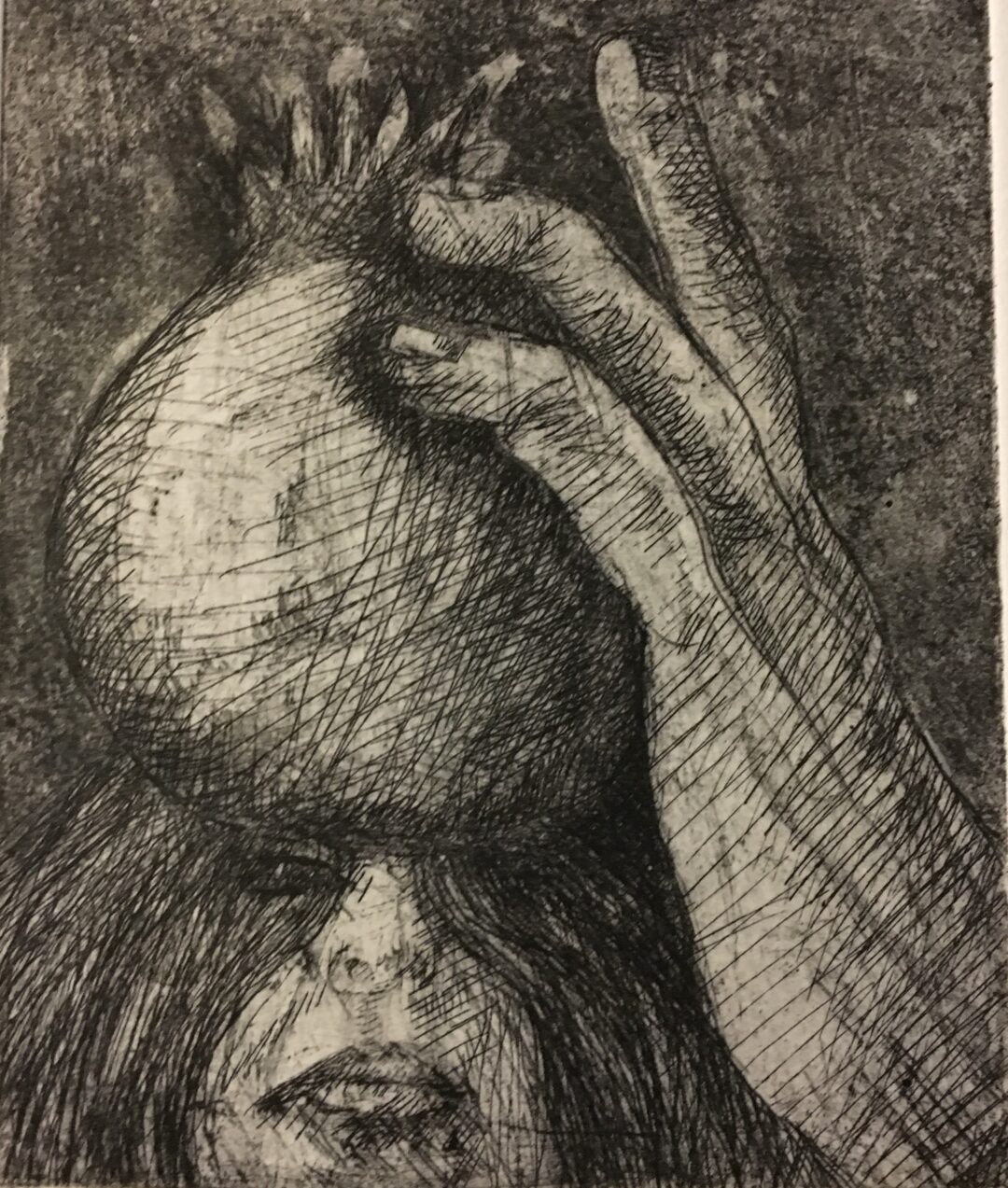 Marcia Shiffman “Woman Holding Pom” etching on Arches paper,  12” x 12” – $200.00