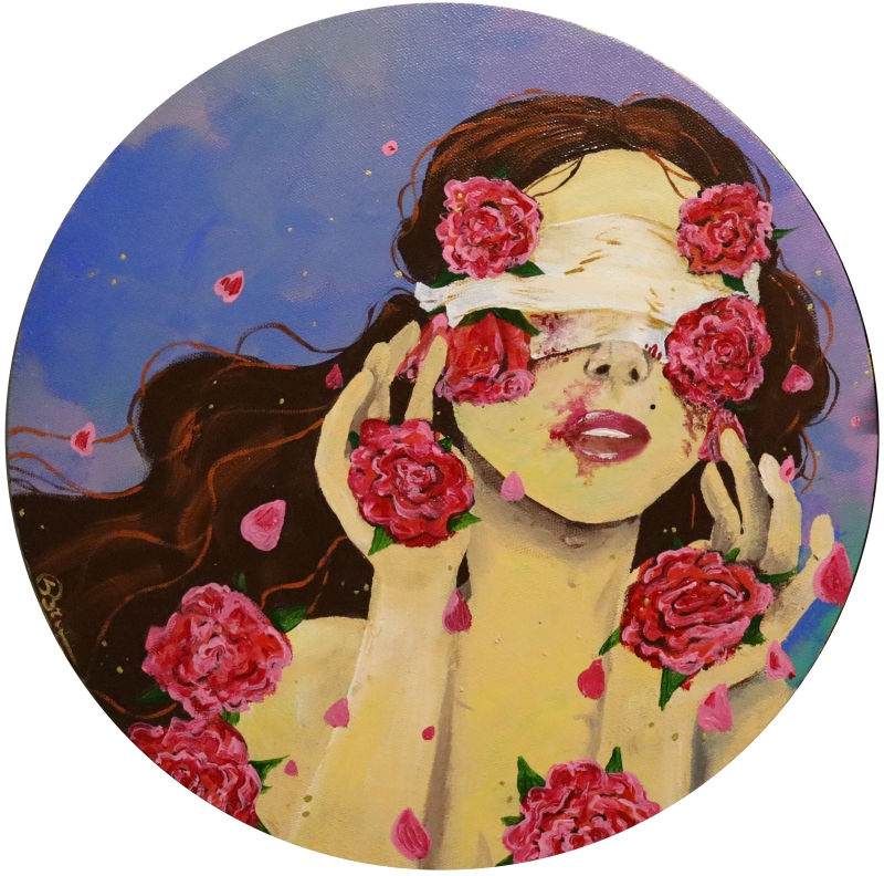 Samantha Brown “Inside Out”, acrylic on canvas, 12″ diameter circle – $400.00 