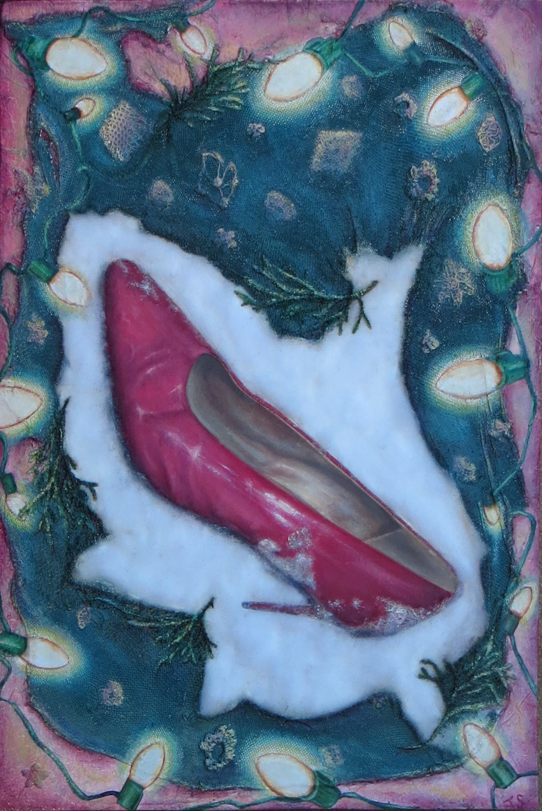 “Holiday Pink” – 15″ W x 22″ L – collage and oil on panel with paper, fabric, tissues, fiber fill, crocheted lace, cypress cuttings