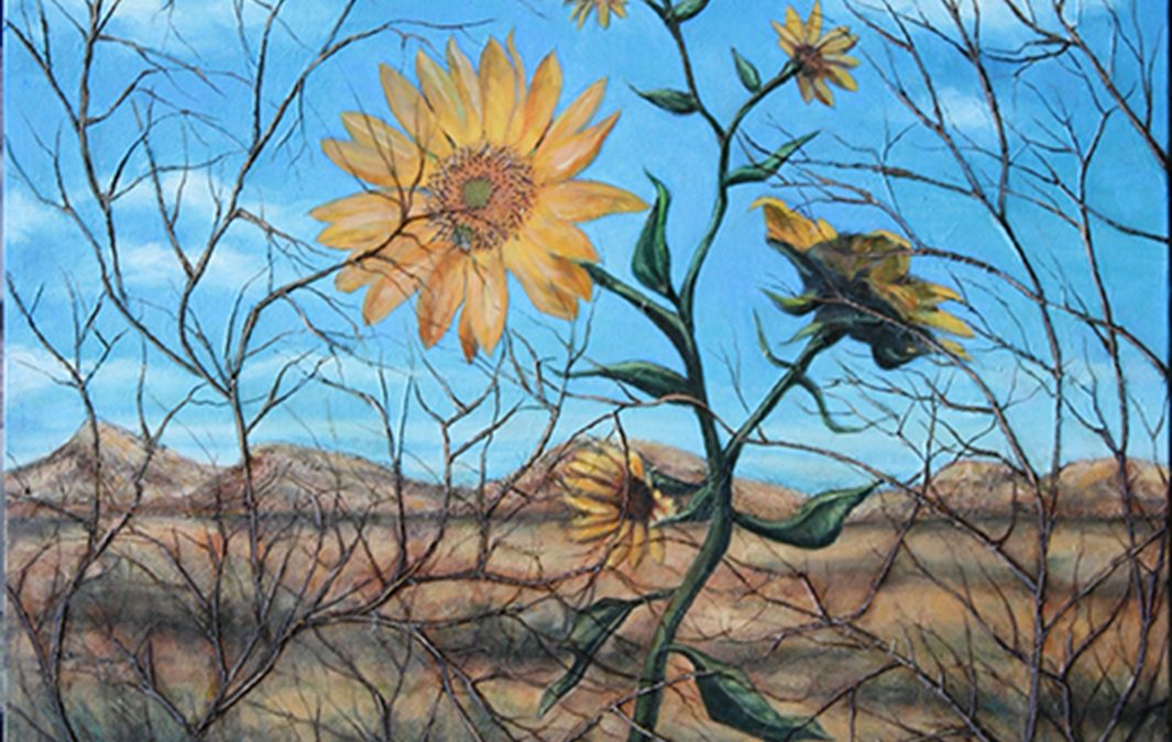 Garden Series – “Desert Helianthus”  – collage on canvas, with magazine clippings, twigs, gauze, paper and oil – 18″W x 24″ H