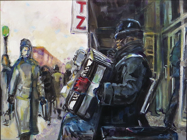 Steven Epstein – “Accordion Player in the Cold” acrylic on hardboard