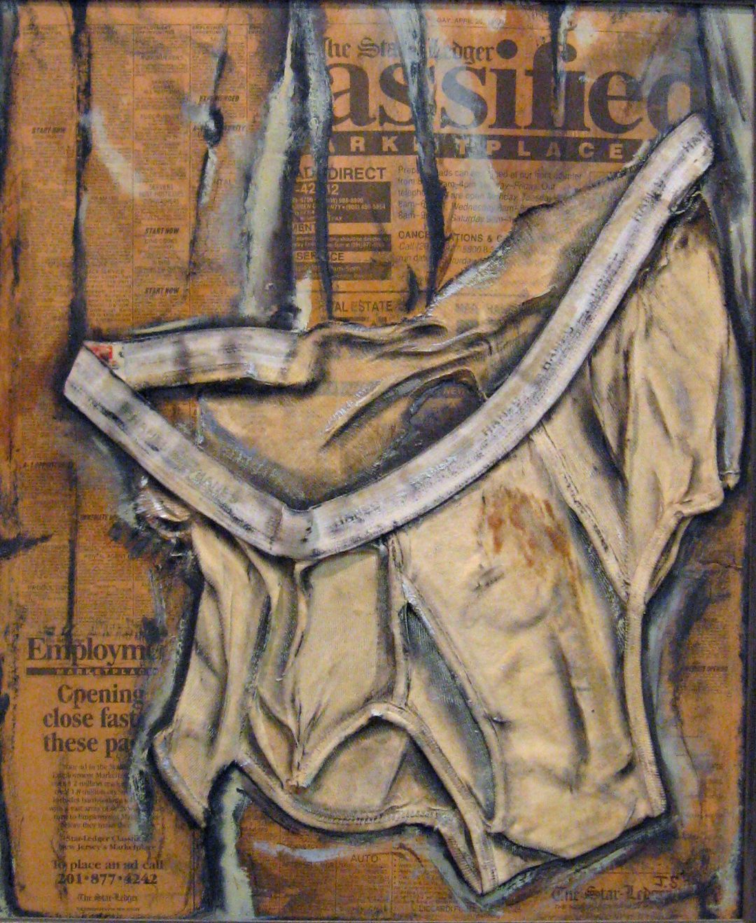 Assified – collage on canvas with men’s briefs, job ads, oil paint – 18″ W x 22″ H – SOLD