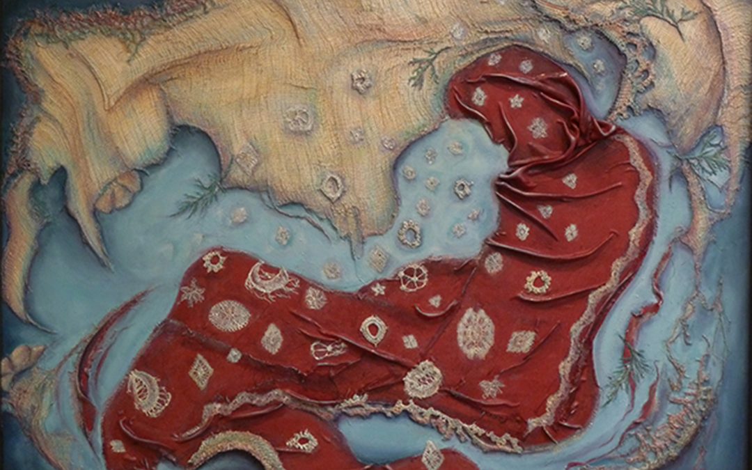January’s Passing  – Media: fabric, gauze, crocheted medallions, arborvitie clippings, mica dust, oil paint on canvas, 26″ x 35″