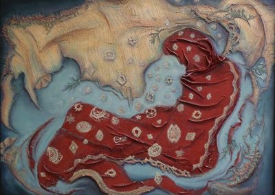 January’s Passing  – Media: fabric, gauze, crocheted medallions, arborvitie clippings, mica dust, oil paint on canvas, 26″ x 35″