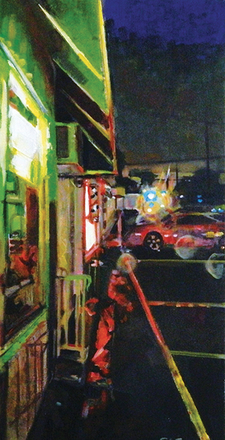 Steven Epstein -“Strip Mall Wet Night” acrylic on canvas