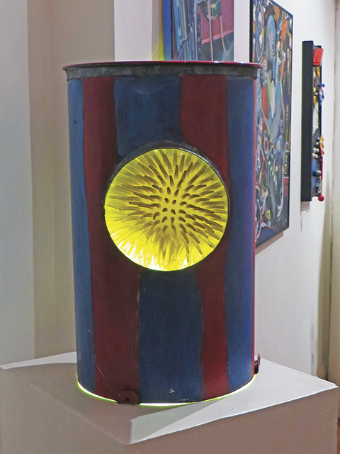 Fred Cole -“Striped Lamp with Creature Beneath the Deep” metal container with lenses, street lamp, sponge ball