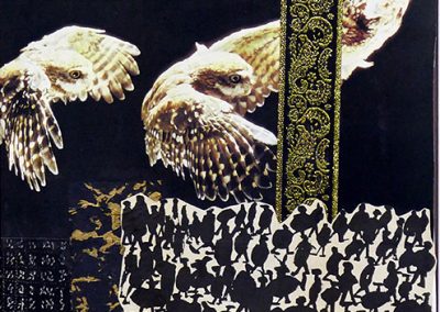 E. Carol O’Neill -“Owls Wax and Owls Wane” mix media collage