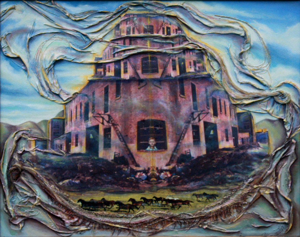 Resurrection of the City Stables – 20″ x 24″  paper, fabric, horsehair, oil  on canvas