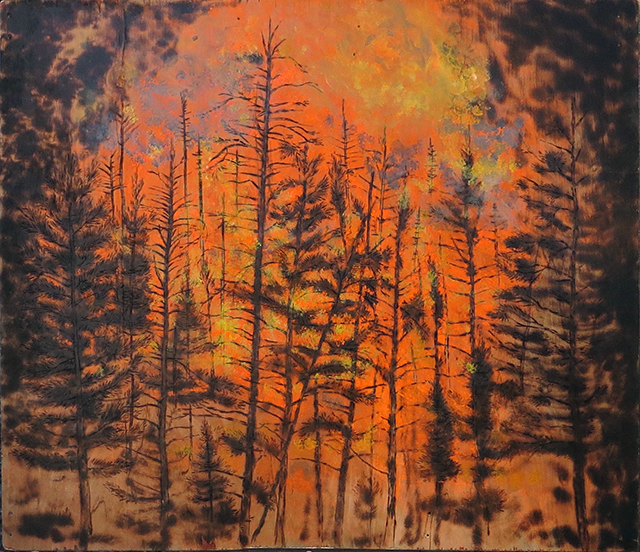 Brian McCormack “Forest A-Blaze” torch, pyro detailer, paint on scrap wood