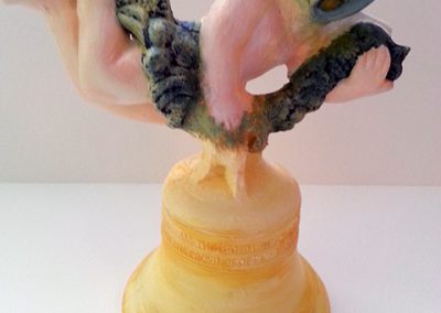 Kelly Clark “Untitled”sculpture (Liberty Bell, owl head-cherub ) clay with glaze and acrylic paint