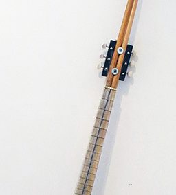 Pool Cue Electric Guitar – found pool cues, handout fret board, faux wooden painted pool balls, rack, guitar parts, paint