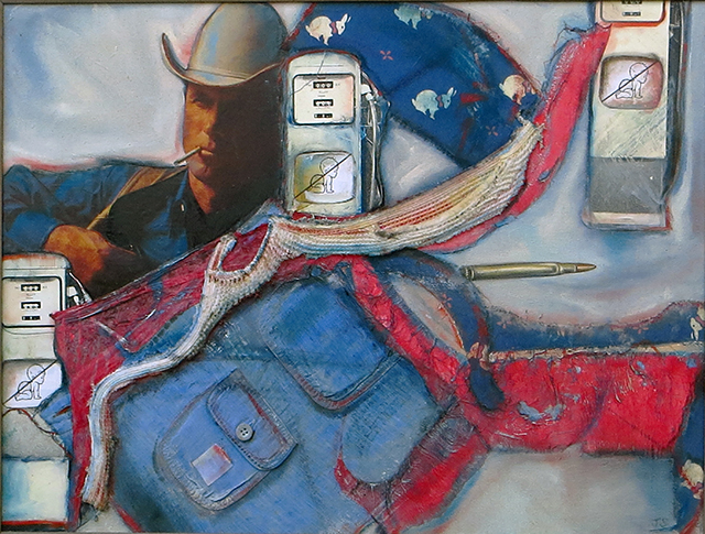 Marlboro Man with Baby Pumps – collage on canvas with paper, fabric, oil paint, paper clip – 24″ W x 20″ H – SOLD