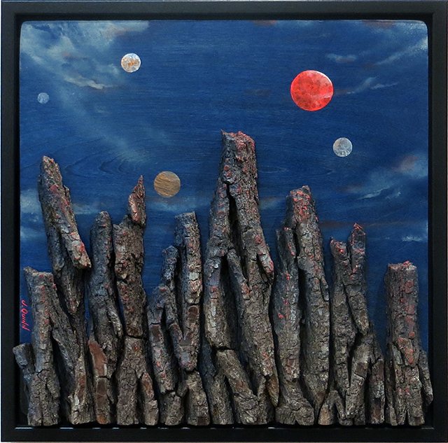 Jack Quinn “Alien Landscape” ash bark and acrylic on birch, $750.00