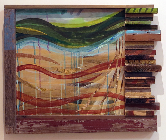 Maryanne Trent “Ground Water” acrylic, fabric, paper and wood, $780.00