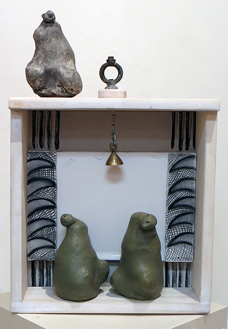 Neal Korn and Leonard Merlo  “Bell Tolling” wood, found objects, paper, canvas, air clay $250.00