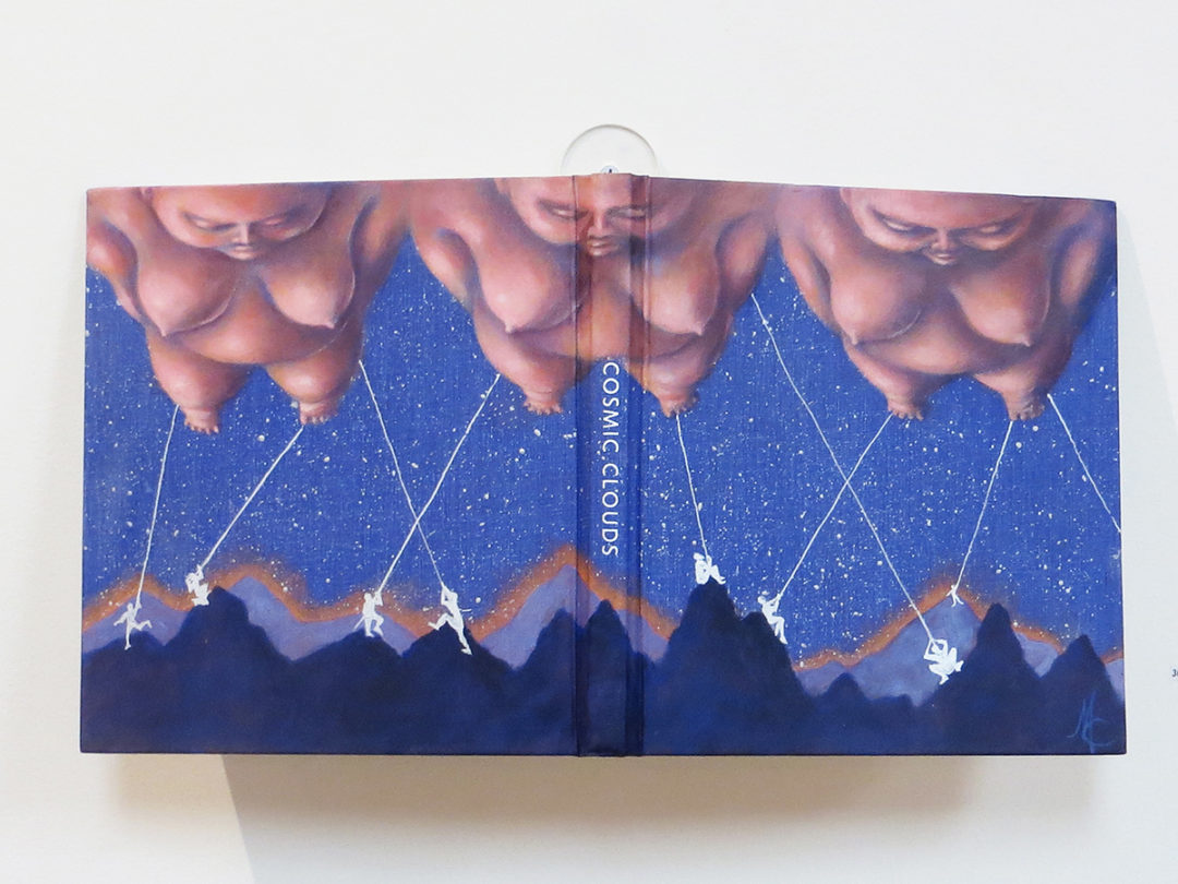 Mary Jean Canziani – “Cosmic Clouds” Acrylic on Vintage Book Cover