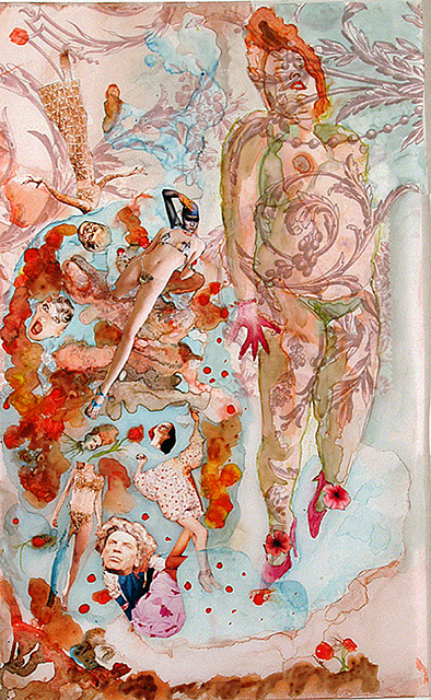 Jane Dell  – “Fat Girl’s Dream” watercolor, ink/collage  on mylar