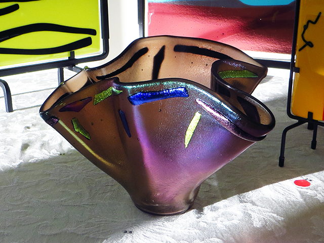 Ellen Rebarber  “Draped Vessel” Fused and slumped glass in iridescent violet with dichoic glass,