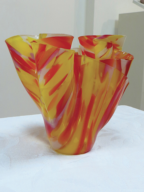 Ellen Rebarber  “Draped Vessel”  Slumped glass in red, yellow, white and clear