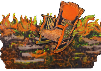 Brian McCormack “Saved” pyro drawing and etching and paint on shaped wood