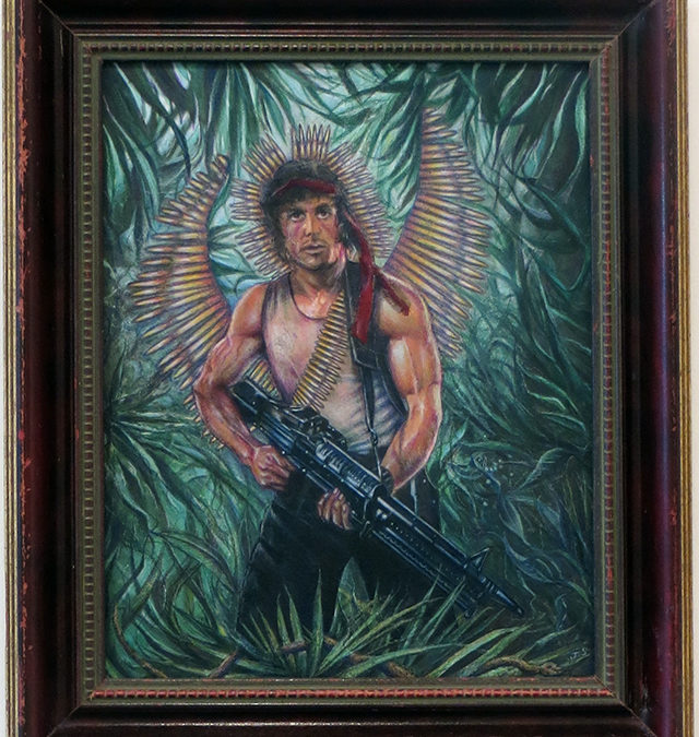 Joan Sonnenfeld “Saint Rambo of the Palms” collage, acrylic and colored pencil on canvas