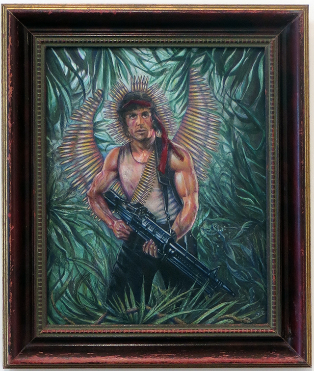 Joan Sonnenfeld “Saint Rambo of the Palms” collage, acrylic and colored pencil on canvas