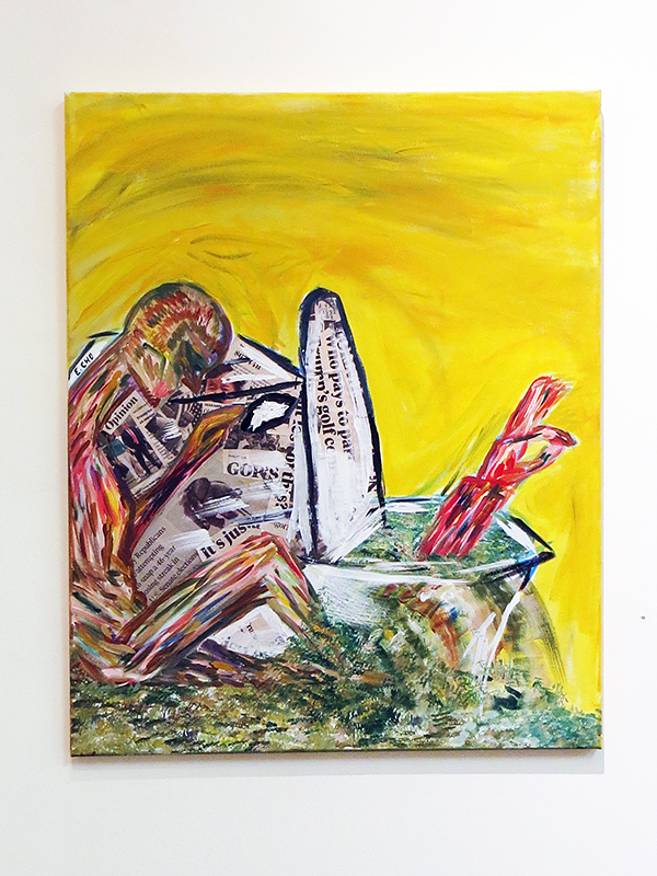 Edwin Cholula, E.Cho “Flood The Swamp” mixed media, paint, newspaper on canvas