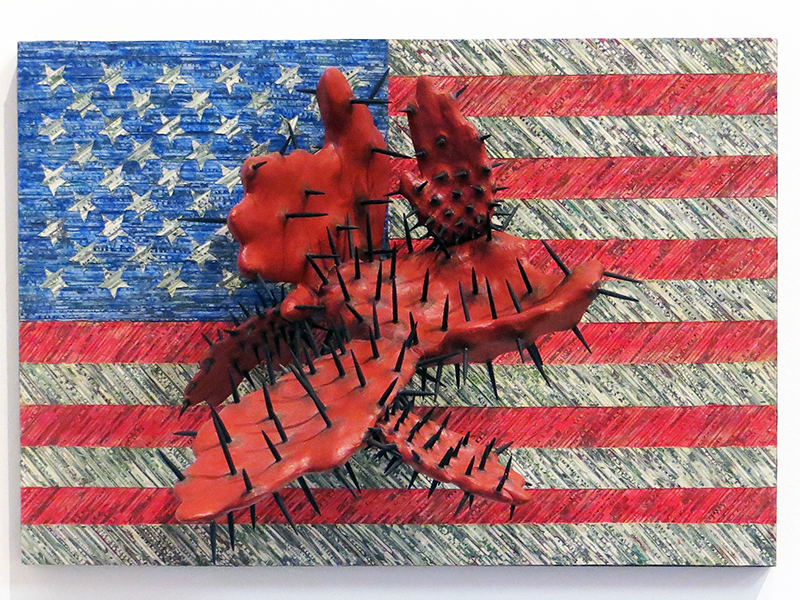 George Lorio “Deal Maker” shredded US currency, paint, carved wood, nails, on panel  $3,200.00
