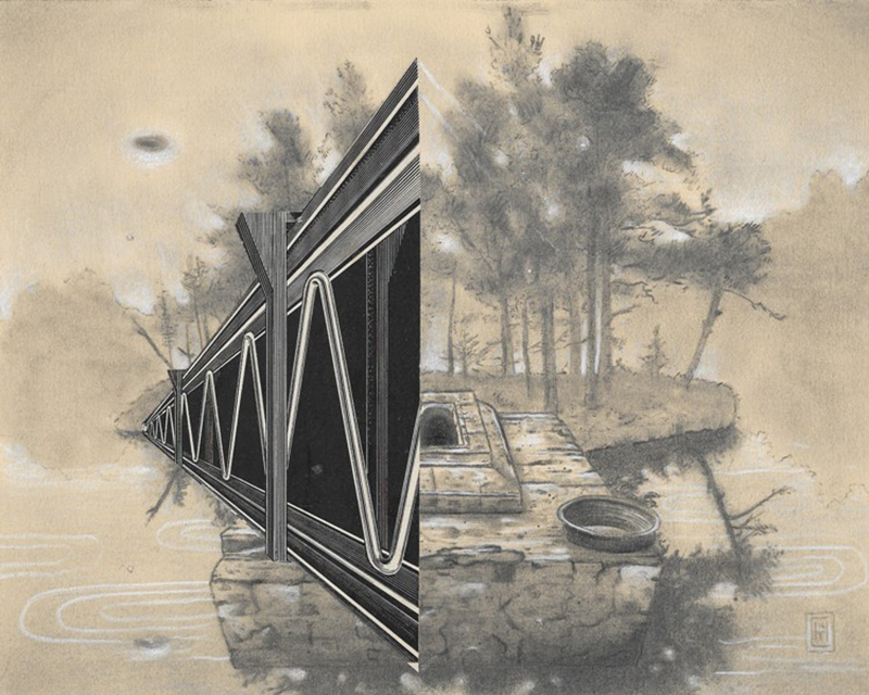 Curt Harbits  “The Waters Comforting Black” graphite, charcoal, cut paper collage
