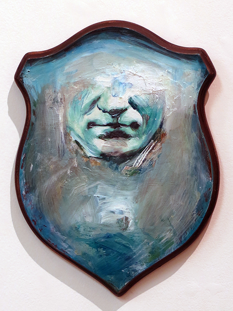 Kristen Woodward  “Trophy in Blue” mixed media on wooden antler plaque