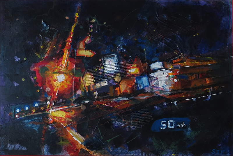 “Drive By at 50 MPH”   mixed media, acrylic, collage and crayon,  24″ x 36″ $300.00