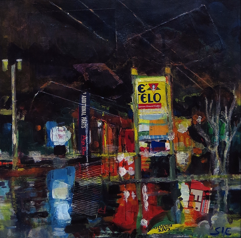 “Wet Night On 27” mixed media, acrylic and crayon SOLD