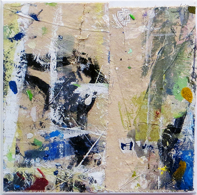 “Indecisions” mixed media abstract collage 12” x 12”, $150.00