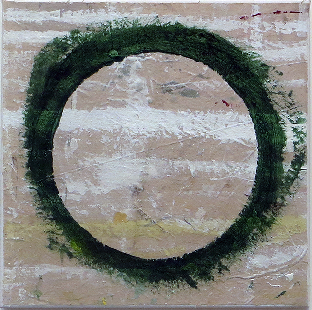 “Misunderstanding” (paint can ring) acrylic on canvas,  12” x 12”, $150.00