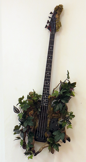 Green Man Bass – found electric guitar bass parts, faux plant material, tree branch cuttings, paint