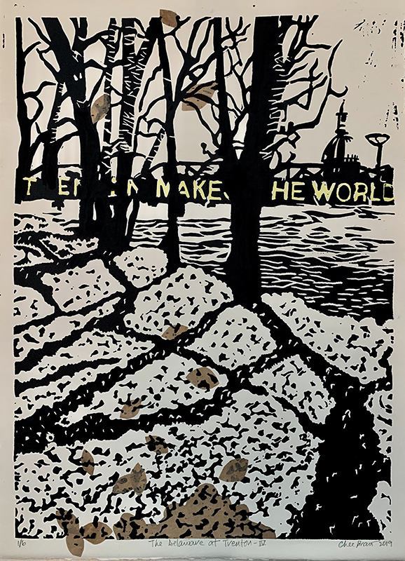 Chee Bravo “The Delaware at Trenton IV” Lino print with collage