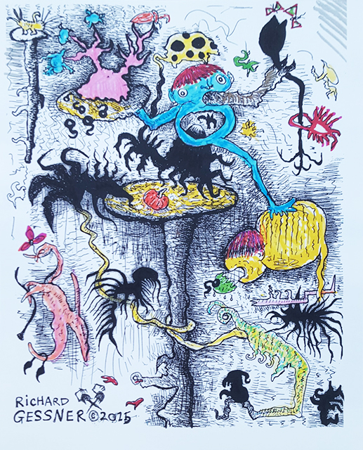 Richard Gessner “Feral Donut Boy with Wanton Mushroom Fauna” hand colored print with pilot pen and sharpie