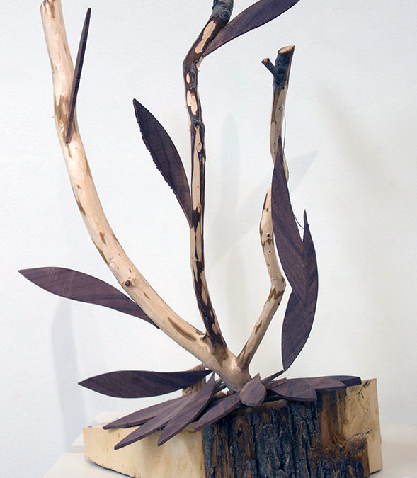 Phil George “First Frost, Cold Wind, Falling Leaves” sculpture, Ash, Boxwood, Walnut
