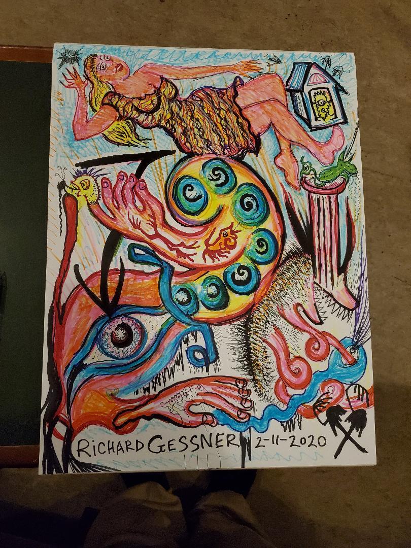 “Zwillings Leidenschaft mit Doric Pillar Wolverhedgehog” – watercolor, colored pencil and sharpie on bristol – SOLD. In the collection go Gregory Geis, critically acclaimed operatic Tenor